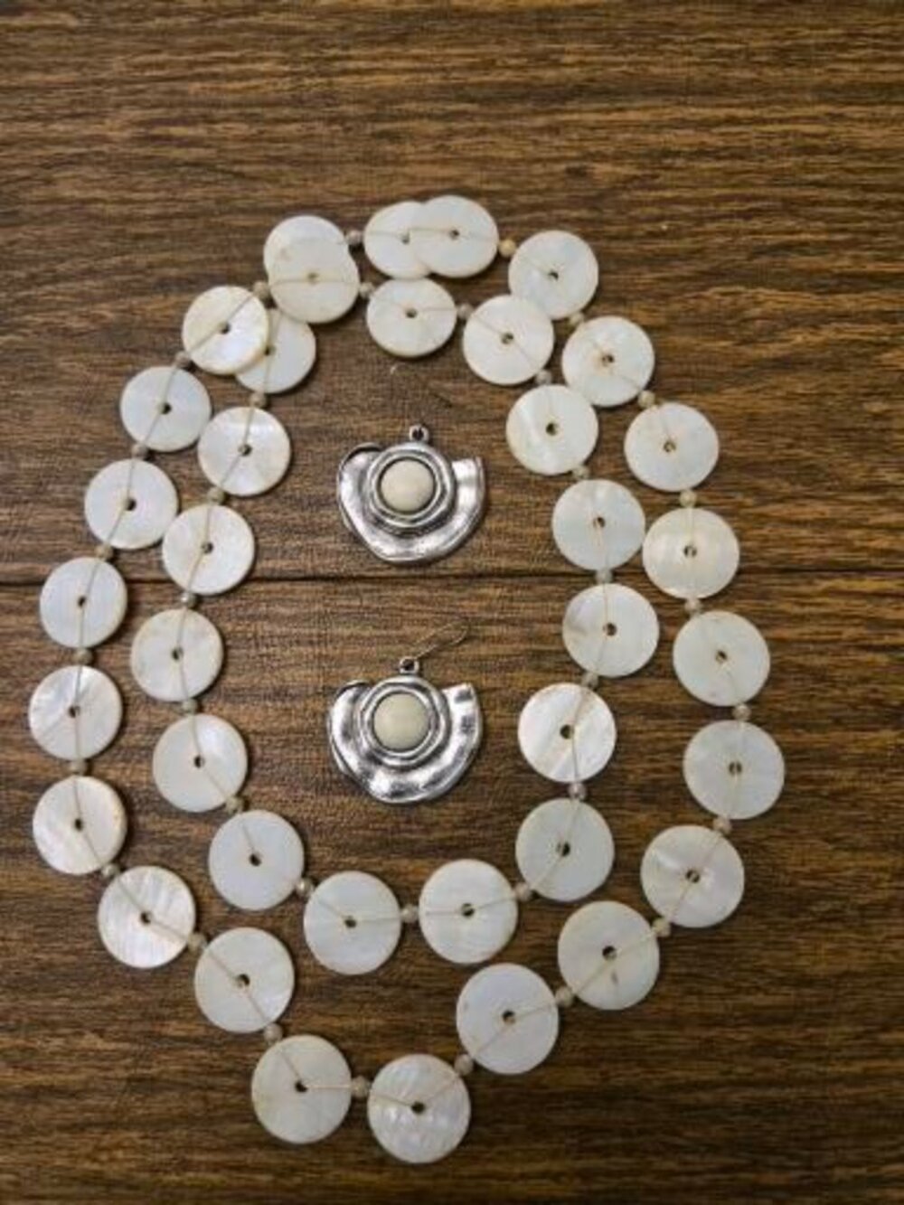 Women's M-O-P Buttons Statement Necklace w/Tiny Pearls and Silver-Tone Earrings